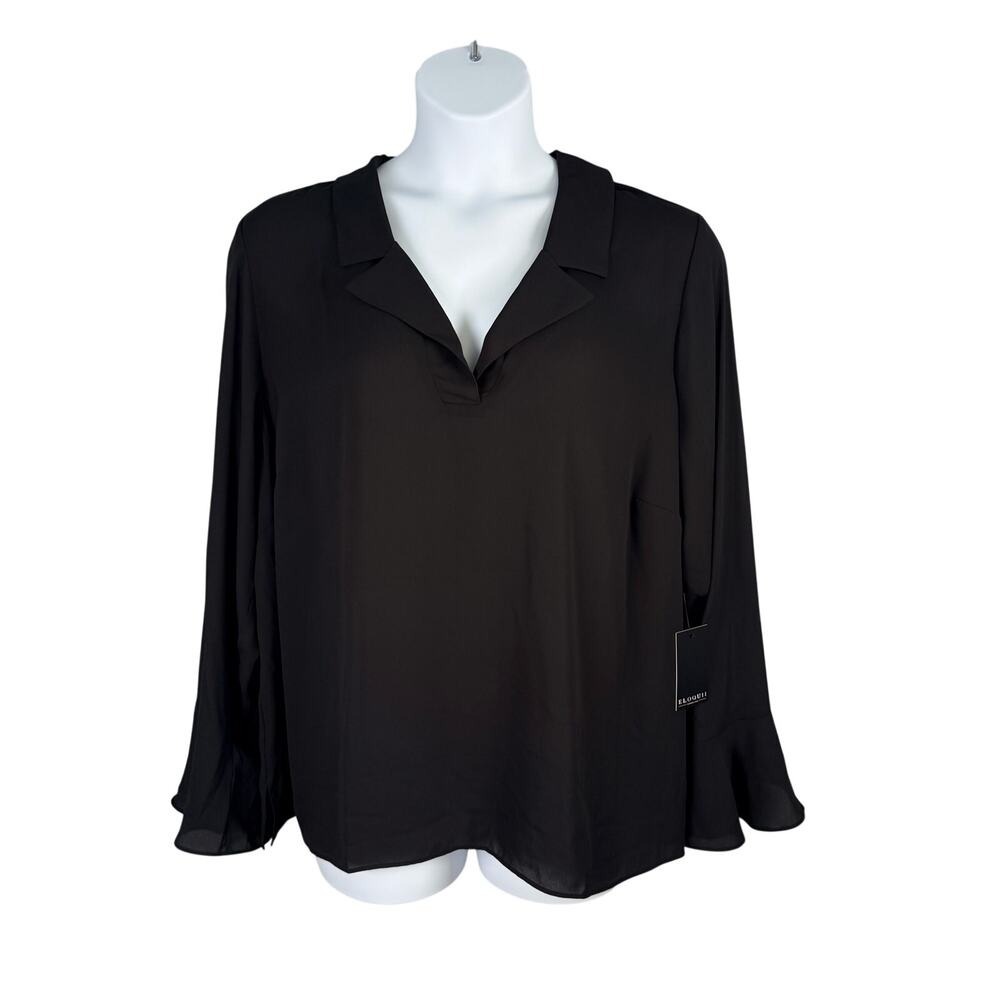 Eloquii Blouse Women Plus 24 Black Chiffon Crepe Semi-Sheer Bell Sleeve Collared